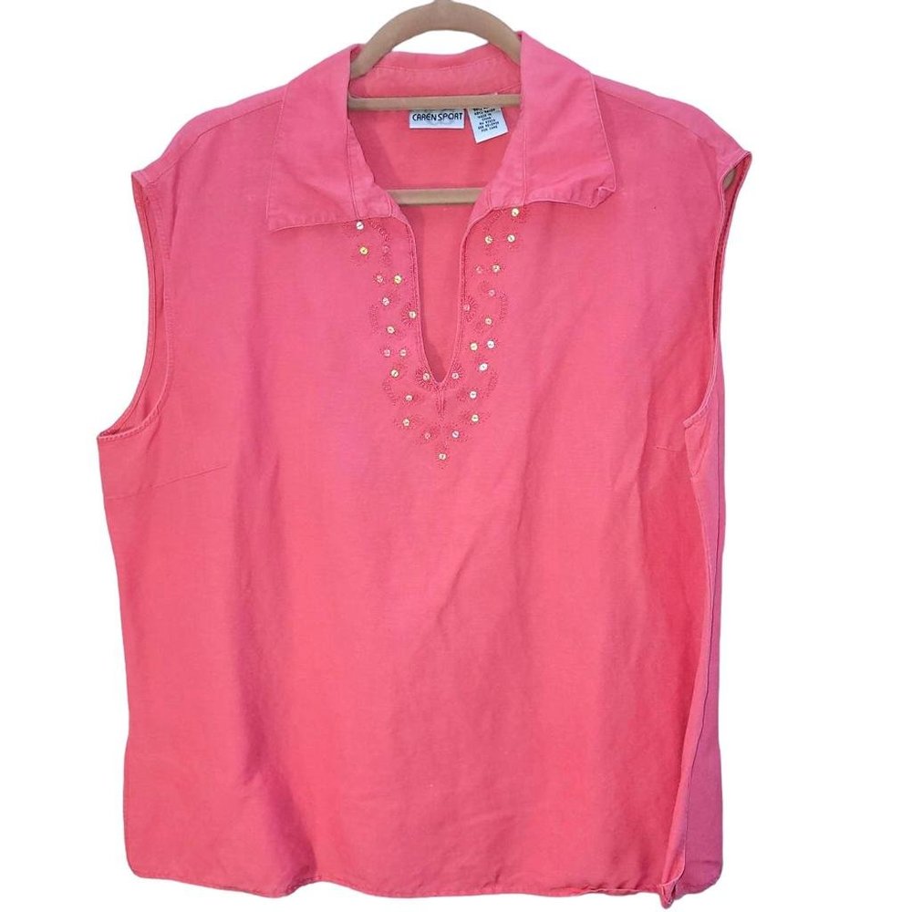 Caren Sport Pink Beaded Embroidered V Neck Sleeveless Top Women Plus Size 2X